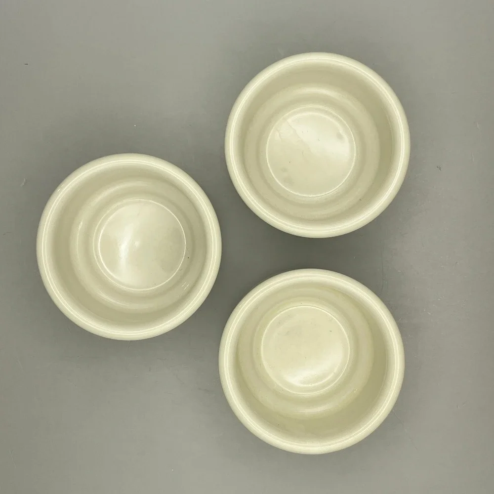 Vintage Hall Pottery 3 Stoneware 2 oz Ramekins on a‎ Black Stoneware Tray MCM
